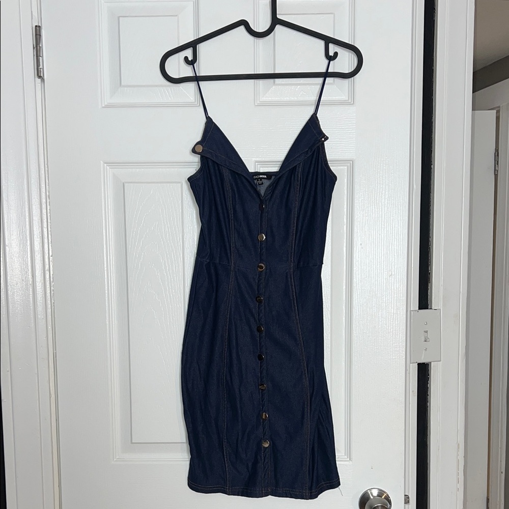 Denim Button-Front Spaghetti Strap Dress - Navy